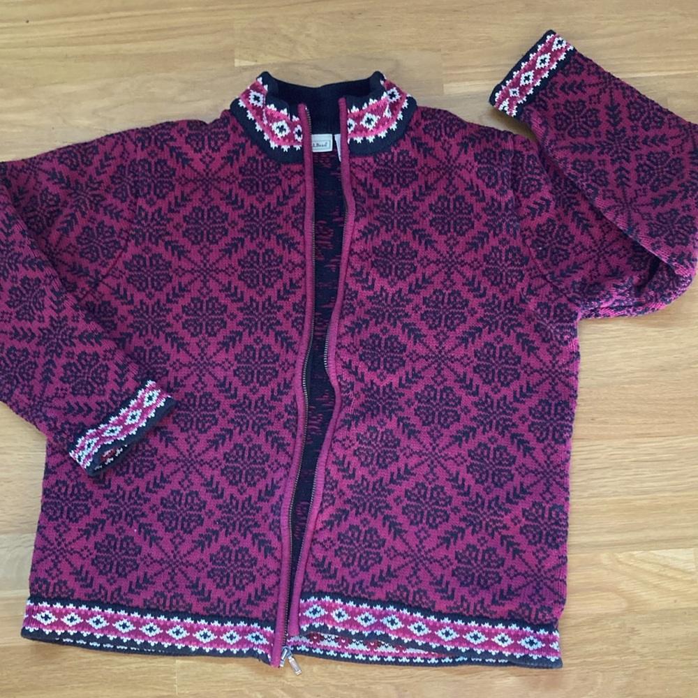 LLBean cotton zip Nordic cardigan in deep berry pink